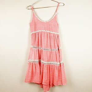 Guadalupe Designs Pink White Crochet Detail Tiered Midi Spaghetti Strap Dress